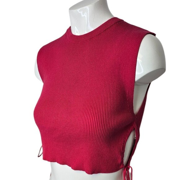 Zara Ribbed Tie Side Cut Outs Cropped Top, Hot Pink, Stretch, Size Medium - Picture 2 of 8